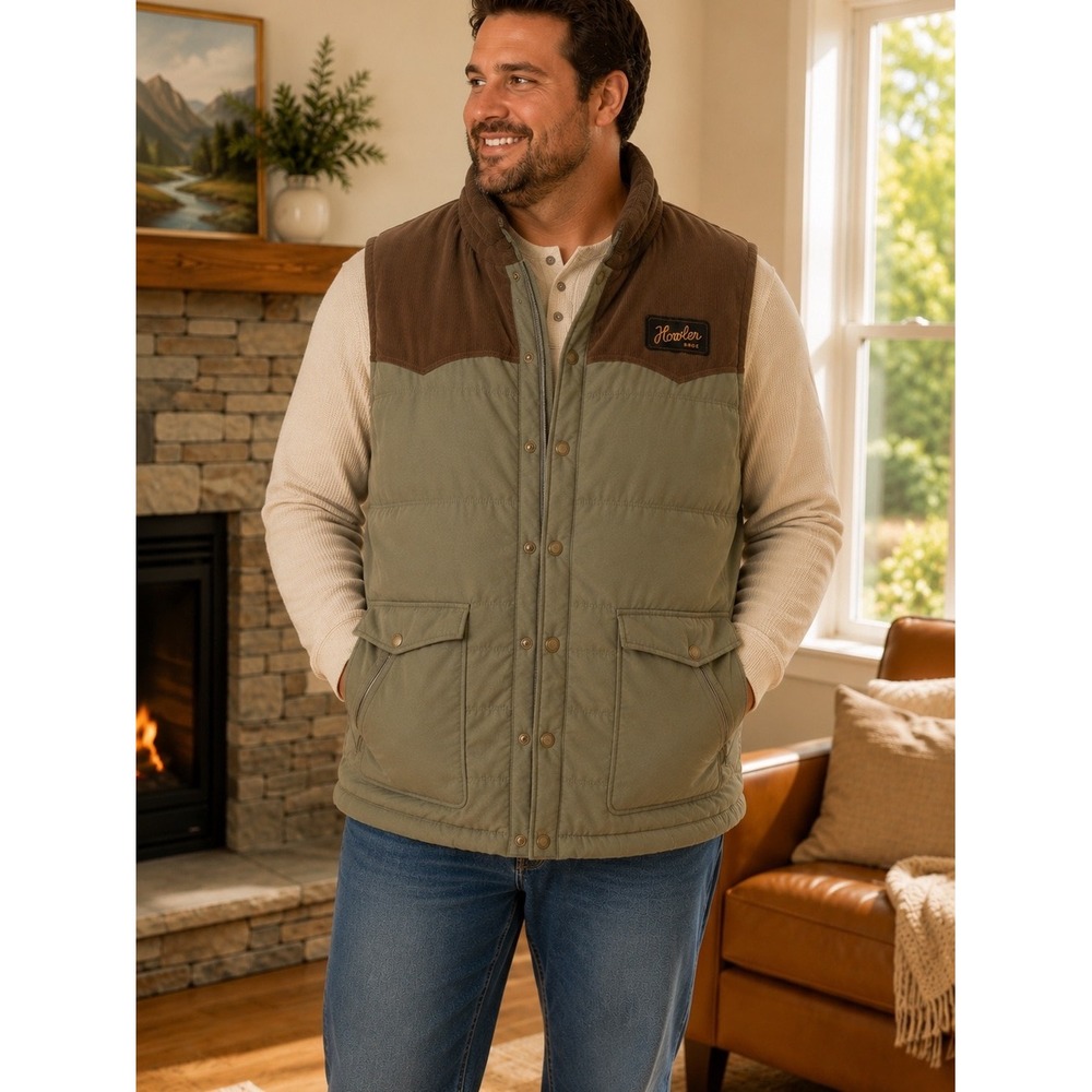 Howler Brothers Rounder Vest Corduroy Western Puffer Green Brown Men's S